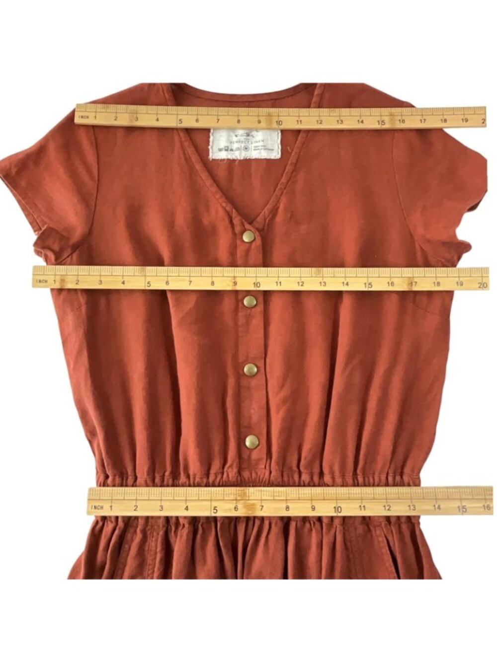 Not Perfect Linen Reine Waisted Linen Dress Womens M Orange Short Sleeve Pockets - Picture 13 of 14